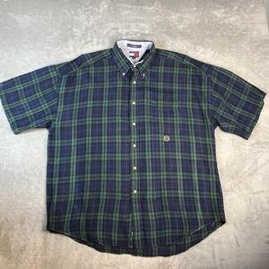VTG Tommy Hilfiger Blu/Grn Plaid Shirt Mens XL Crest Logo Short Sleeve Linen